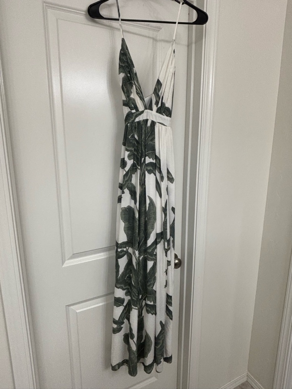 Women's White Maxi Dress with Green Tropical Print